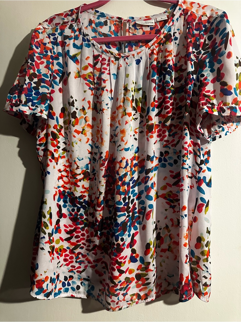 Liz Claiborne White Multicolor Speckled Short Sleeve Blouse